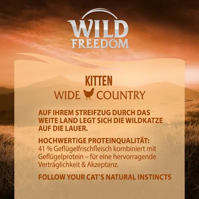 Wild Freedom Kitten Wide Country. 41% Geflügelfrischfleisch kombiniert mit Geflügelprotein für hervorragende Verträglichkeit und Akzeptanz. Follow your cat’s natural instincts.