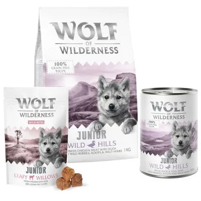 Wolf of Wilderness Junior Prøvepakke Wild Hills + Leafy Willows snacks
