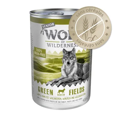 Wolf of Wilderness Senior Green Fields, 400 g, sans céréales, 100% grain-free, agneau et poulet avec fruits des bois, racines et herbes sauvages. Badge 'sans céréales' visible.
