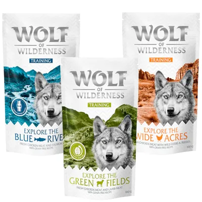 Wolf of Wilderness Training Snacks: Explore the Blue River mit Huhn und Lachs, Explore the Green Fields mit Huhn und Lamm, Explore the Wide Acres mit Kräutern und Beeren. 100g.