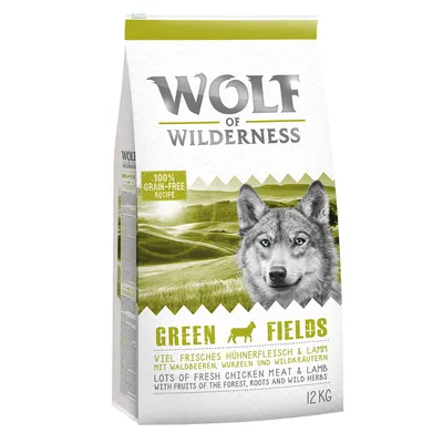 Sac de croquettes Wolf of Wilderness Green Fields 12 kg, recette sans céréales, texte en anglais : lots of fresh chicken meat & lamb with fruits of the forest, roots and wild herbs.