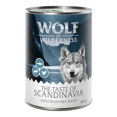 Wolf of Wilderness The Taste of Scandinavia, 100 % grain-free recipe, 400 g. Illustrations de poisson, volaille et gibier visibles sur l’emballage.