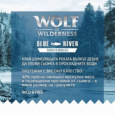 Wolf of Wilderness Blue River Mini Kibbles. 40% прясно пилешко мускулно месо и пълноценни протеини от сьомга – в мини размер на гранулите. Wild & Free.