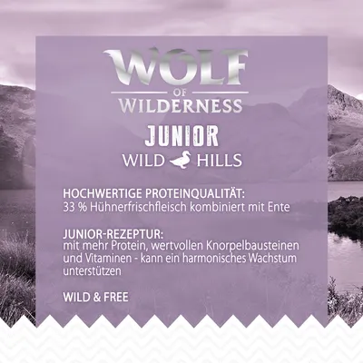 Wolf of Wilderness Junior Wild Hills. Hochwertige Proteinqualität: 33 % Hühnerfrischfleisch kombiniert mit Ente. Junior-Rezeptur unterstützt harmonisches Wachstum. Wild & Free.