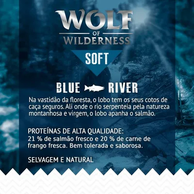 Wolf of Wilderness Soft Blue River. Proteínas de alta qualidade: 21 % de salmão fresco e 20 % de carne de frango fresca. Selvagem e natural. Texto descritivo sobre o lobo e a natureza.