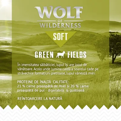 Wolf of Wilderness Soft Green Fields. Proteine de înaltă calitate: 21 % carne proaspătă de miel și 20 % carne proaspătă de pui. Reîntoarcere la natură.