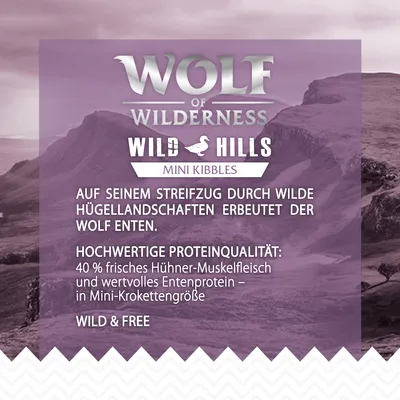 Wolf of Wilderness Wild Hills Mini Kibbles. 40 % svežega piščančjega mišičnega mesa in dragocen beljak iz race v mini briketih. Wild & Free.
