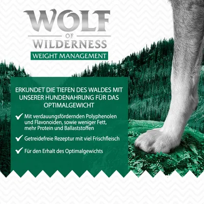 Wolf of Wilderness Weight Management. Getreidefreie Rezeptur mit Frischfleisch, weniger Fett, mehr Protein und Ballaststoffen. Für den Erhalt des Optimalgewichts.