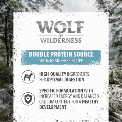 Double protein source, 100% grain-free recipe. High-quality ingredients for optimal digestion. Specific formulation with increased energy and balanced calcium for healthy development.