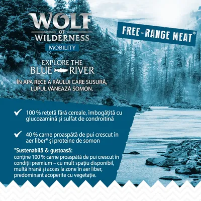 Wolf of Wilderness Mobility Explore the Blue River. 100 % rețetă fără cereale, îmbogățită cu glucozamină și sulfat de condroitină. 40 % carne proaspătă de pui crescut în aer liber și proteine de somon.