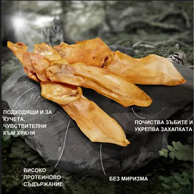 Сушени кучешки дъвчащи лакомства върху камък. Видим текст: Подходящи и за кучета, чувствителни към храни; Високо протеиново съдържание; Без миризма; Почиства зъбите и укрепва захапката.