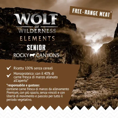 Wolf of Wilderness Elements Senior Rocky Canyons. Ricetta 100% senza cereali, 40% carne fresca di manzo allevato all'aperto. Free-range meat. Testo in inglese e italiano.