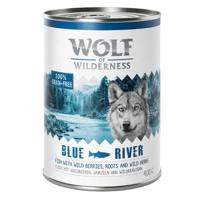 Boîte Wolf of Wilderness Blue River 400 g, 100 % grain-free, fish with wild berries, roots and wild herbs. Texte en anglais et allemand visible sur l’emballage.