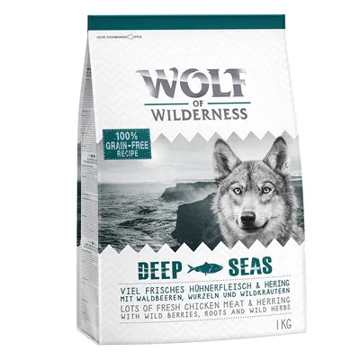 Wolf of Wilderness Deep Seas, 1 kg. 100 % kornfri opskrift med frisk kyllingekød, sild, skovbær, rødder og vilde urter.