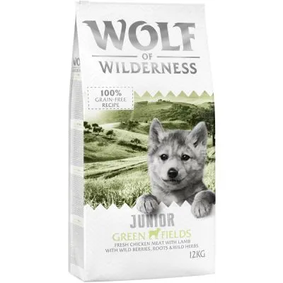 Wolf of Wilderness Junior Green Fields, 100% grain-free recipe with fresh chicken meat, lamb, wild berries, roots and wild herbs, 12kg bag.