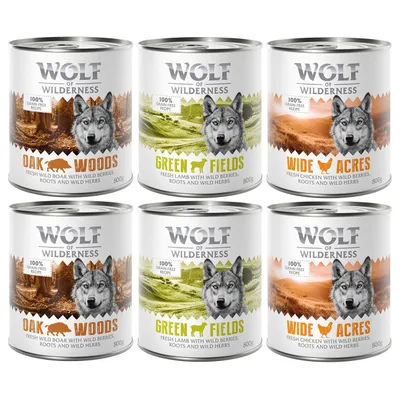 6 dåser Wolf of Wilderness hundemad: Oak Woods (vildsvin), Green Fields (lam), Wide Acres (kylling). Tekst: 100% grain-free recipe, fresh meat med vilde bær, rødder og urter, 800g.