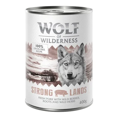 Wolf of Wilderness Strong Lands, 100% grain-free recipe, fresh pork with wild berries, roots and wild herbs, 400g. Texte en anglais.
