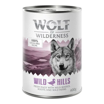 Wolf of Wilderness Wild Hills, 100% grain-free recipe, fresh duck with wild berries, roots and wild herbs, 400g. Texte en anglais.