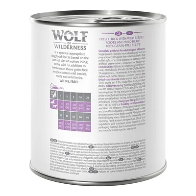 Tabela dawkowania karmy Wolf of Wilderness: waga psa 1–80 kg, dzienne porcje 250–4205 g. Widoczne angielskie opisy składu i zalecenia żywieniowe na puszce.