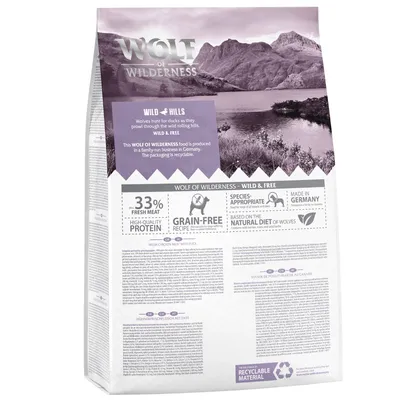Wolf of Wilderness Wild Hills hundefoder med and, 33% frisk kød, kornfri, artskorrekt opskrift, fremstillet i Tyskland, emballage af genanvendeligt materiale.