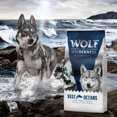 Wolf of Wilderness Elements Vast Oceans. Single animal protein, fresh fish, 100% grain-free recipe.