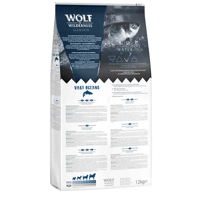 Wolf of Wilderness Elements Vast Oceans, 12kg. Proteinquellen aus Fisch, ohne Getreide, Made in Germany. Fütterungstabelle für verschiedene Hundegrößen unten auf der Verpackung.