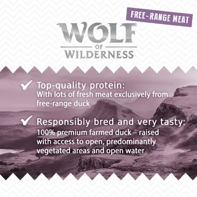 Wolf of Wilderness, FREE-RANGE MEAT. Top-quality protein: With lots of fresh meat exclusively from free-range duck. Responsibly bred and very tasty: 100% premium farmed duck. Teksti englanniksi.