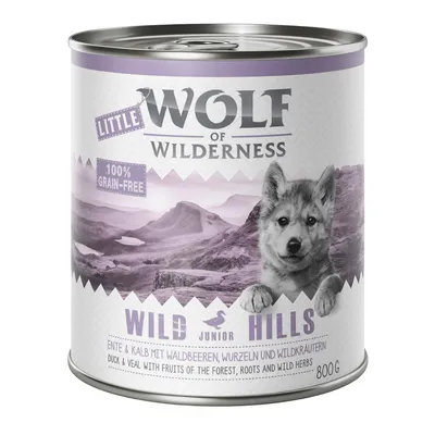Wolf of Wilderness Little 100% grain-free, Wild Hills Junior, can 800 g. Texte en anglais : duck & veal with fruits of the forest, roots and wild herbs.