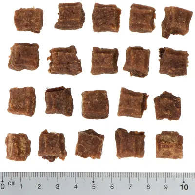 Brune, firkantede hundesnacks arrangeret på række. Målestok nederst viser størrelse fra 0 til 10 cm.