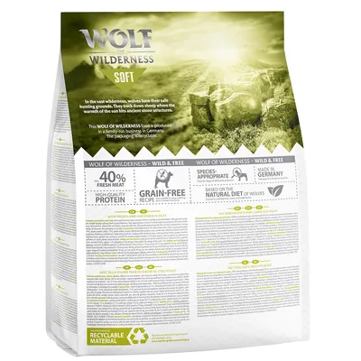 Wolf of Wilderness Soft τροφή για σκύλους με 40% φρέσκο κρέας, χωρίς δημητριακά, κατάλληλη, παρασκευάζεται στη Γερμανία, βασισμένη στη φυσική διατροφή λύκων. Συσκευασία ανακυκλώσιμη.