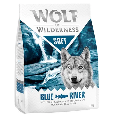 Wolf of Wilderness Soft Blue River, 1 kg, with fresh salmon and chicken meat, 100% grain-free recipe. Texte en anglais.
