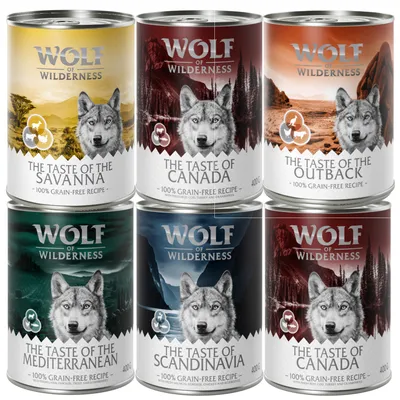 Wolf of Wilderness märkäruokasäilykkeet: The Taste of Savanna, Canada, Outback, Mediterranean, Scandinavia. 100 % viljaton resepti, 400 g.