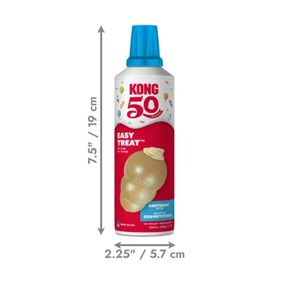 KONG 50 Easy Treat för hundar, födelsedagsrecept, 236 ml. Mått: 19 cm hög, 5,7 cm i diameter. Tillverkad i USA.