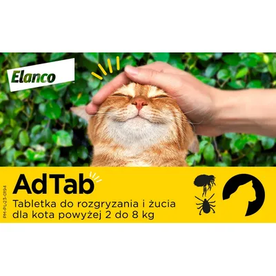 AdTab tabletka do rozgryzania i żucia dla kota powyżej 2 do 8 kg. Elanco. Widoczne ikony pasożytów i sylwetki kota.
