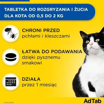 AdTab tabletka do rozgryzania i żucia dla kota 0,5–2 kg. Chroni przed pchłami i kleszczami, łatwa do podawania dzięki smakowi, działa przez 1 miesiąc.