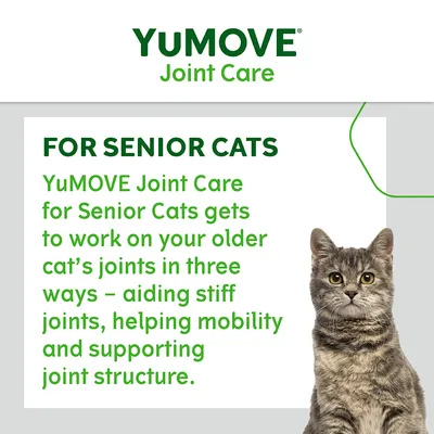 YuMOVE Joint Care for Senior Cats aids stiff joints, helps mobility and supports joint structure in older cats. Text highlights three benefits with an image of a cat.