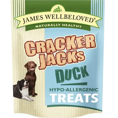 Cracker Jacks duck hypo-allergenic treats, naturally healthy, as shown on product packaging with two dogs pictured.