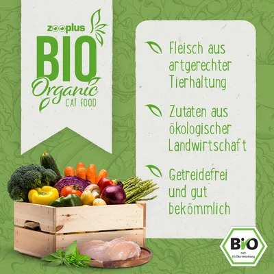 Zooplus Bio Organic Cat Food. Fleisch aus artgerechter Tierhaltung, Zutaten aus ökologischer Landwirtschaft, getreidefrei und gut bekömmlich. Bio nach EG-Öko-Verordnung.