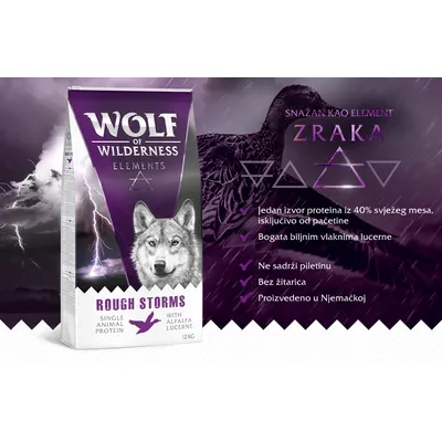 Wolf of Wilderness Elements Rough Storms 12 kg, jedan izvor proteina iz 40 % svježeg mesa pačetine, bogata biljnim vlaknima lucerne, ne sadrži piletinu, bez žitarica, proizvedeno u Njemačkoj