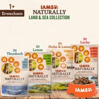 IAMS Naturally Land & Sea Collection für Katzen ab 1 Jahr. Sorten: 3x Thunfisch, 3x Lamm, 3x Huhn & Lamm, 3x Lachs. 100% vollständige Ernährung mit leicht verdaulichen natürlichen Zutaten.