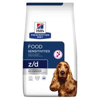 Confezione di Hill's Prescription Diet z/d per cani, scritta 'Sensibilità alimentari' a sinistra e simbolo ciotola con testo 'Original' in alto a destra.