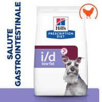 Hill's Prescription Diet i/d low fat per cani, salute gastrointestinale, immagine di un cane e simbolo arancione di pollo visibili sulla confezione.