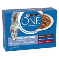 Purina ONE Spécial Chat Stérilisé, 8x85g. Varietà: 3x anatra, 3x sardina, 2x manzo. Confezione con immagine di un gatto e cibo umido servito.