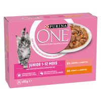 Purina ONE Junior hrana za mačke, 8x85g, 4x losos, 4x piščanec. Embalaža prikazuje sivega mucka in krožnik z mesnimi kosi.