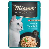Miamor Feine Filets, Neu in Sauce, Huhn & Thunfisch, helle Filetstückchen, im Fleischanteil 100% Filet.