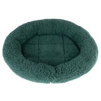 Letto per animali rotondo, verde, in materiale morbido e peloso con bordo rialzato e superficie imbottita.