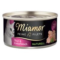 Miamor Feine Filets Thun & Krebsfleisch, Naturell, 100% Filet. Katzenfutter in Dose mit Abbildung von weisser Katze und Filetstücken.