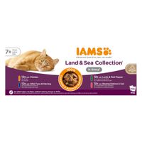 IAMS Land & Sea Collection in Gravy für Katzen ab 7 Jahren. Sorten: Huhn, Wildthunfisch & Hering, Lamm & roter Paprika, gedämpfter Lachs & Kabeljau. 48x85g. Ohne Zuckerzusatz, recycelbare Box.
