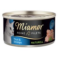 Miamor Feine Filets Thun & Krebsfleisch, Naturell, 100% Filet. Katzenfutter in Dose mit Abbildung von weisser Katze und Filetstücken.
