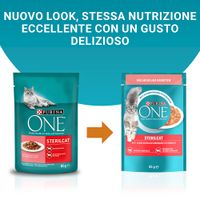 Immagine comparativa di due confezioni Purina ONE Sterilcat 85 g, vecchio e nuovo look. Testo: 'Nuovo look, stessa nutrizione eccellente con un gusto delizioso'.